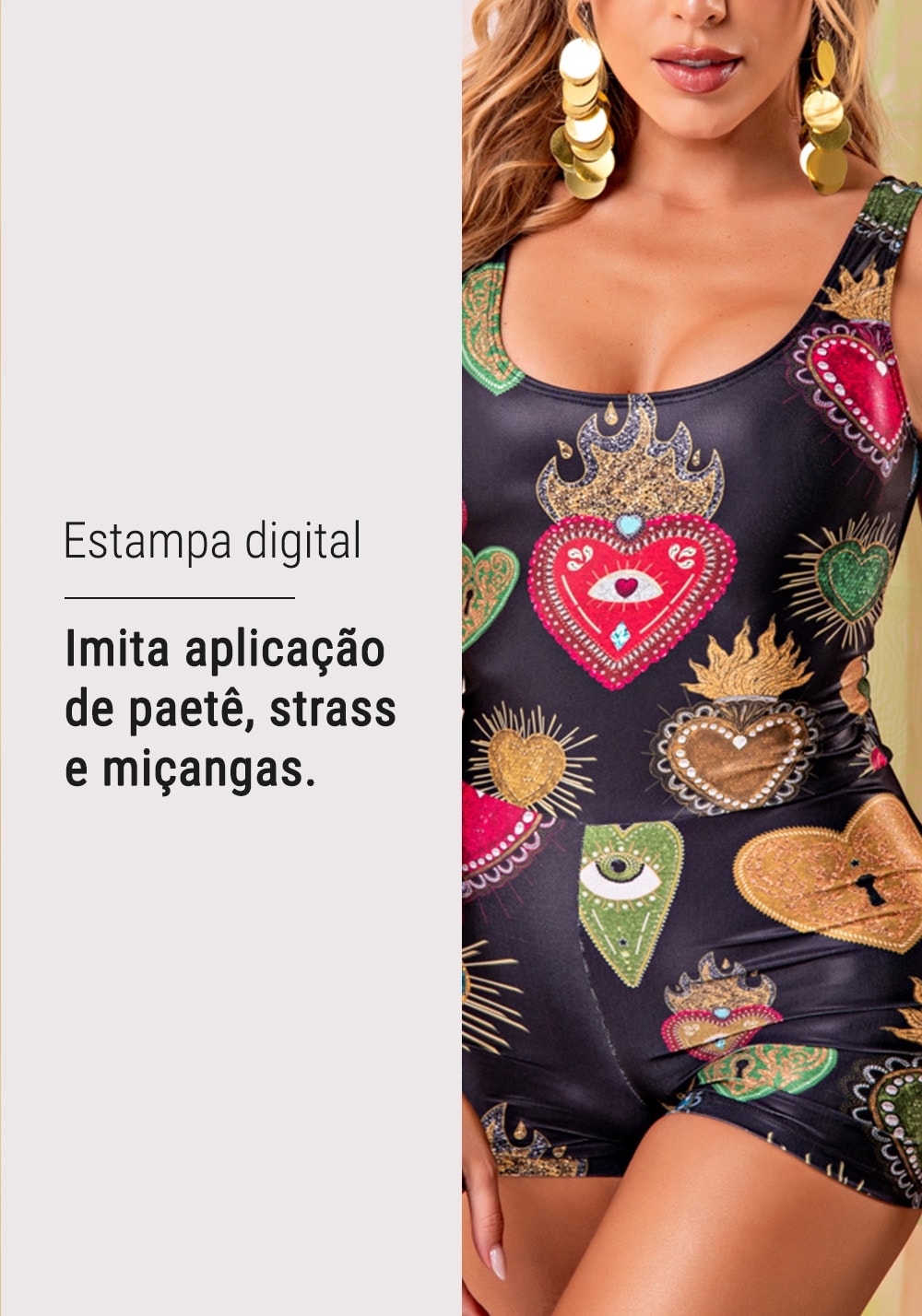 Macaquinho feminino carnaval estampa coração