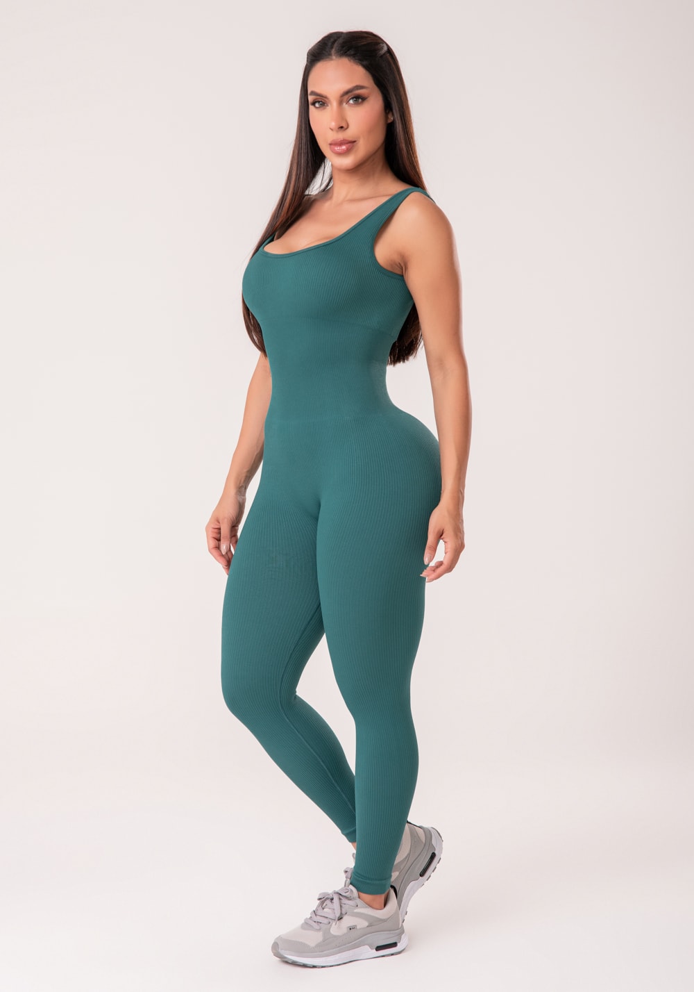 Macacão fitness feminino verde escuro canelado com bojo seamless+