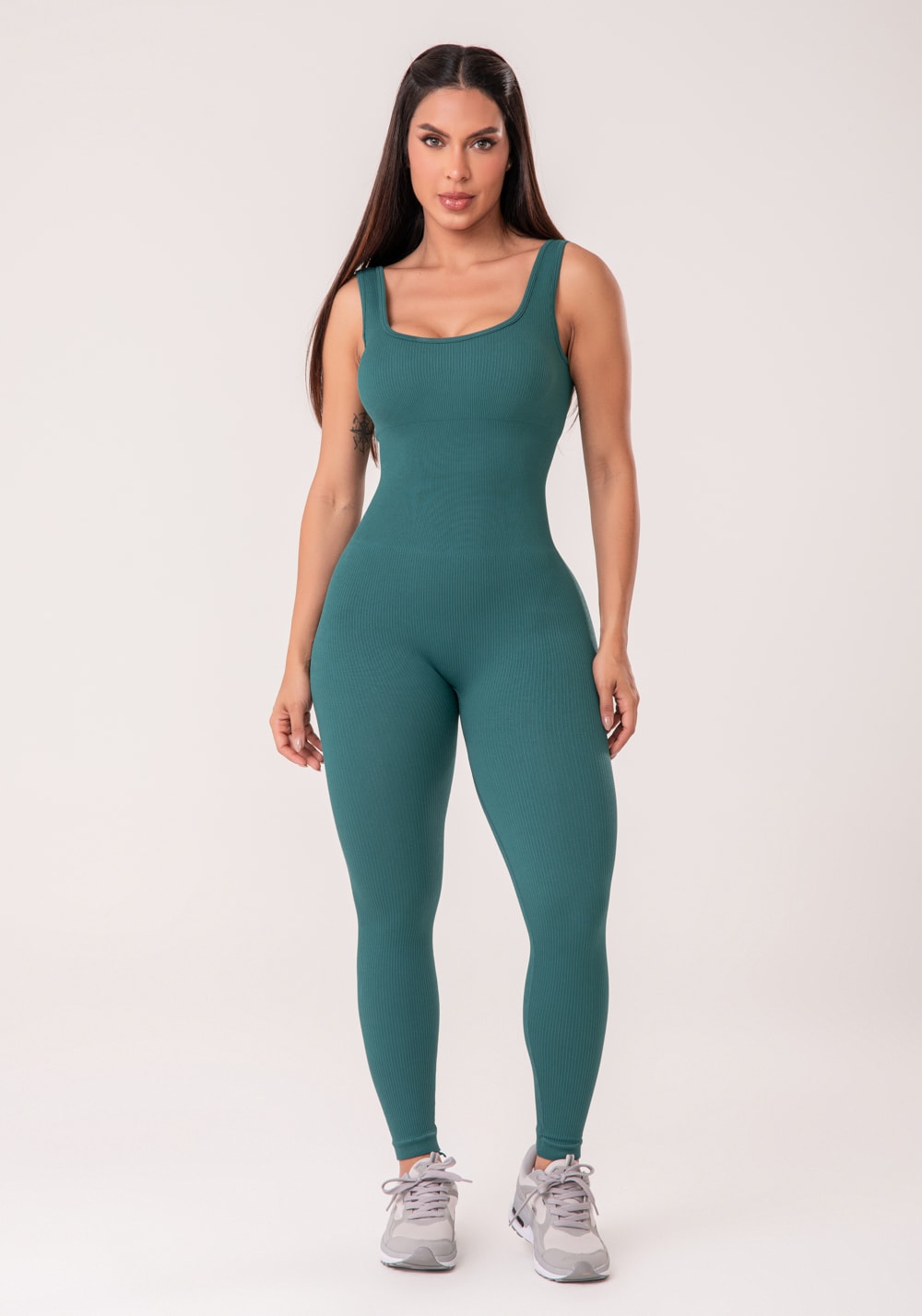 Macacão fitness feminino verde escuro canelado com bojo seamless+