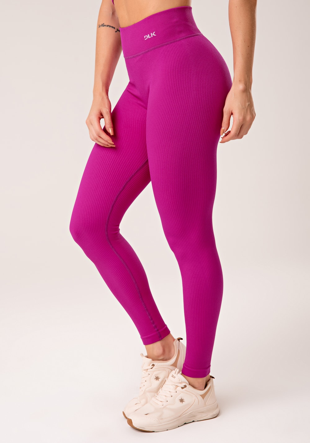 Legging fitness feminina fúcsia canelada com cós alto seamless+