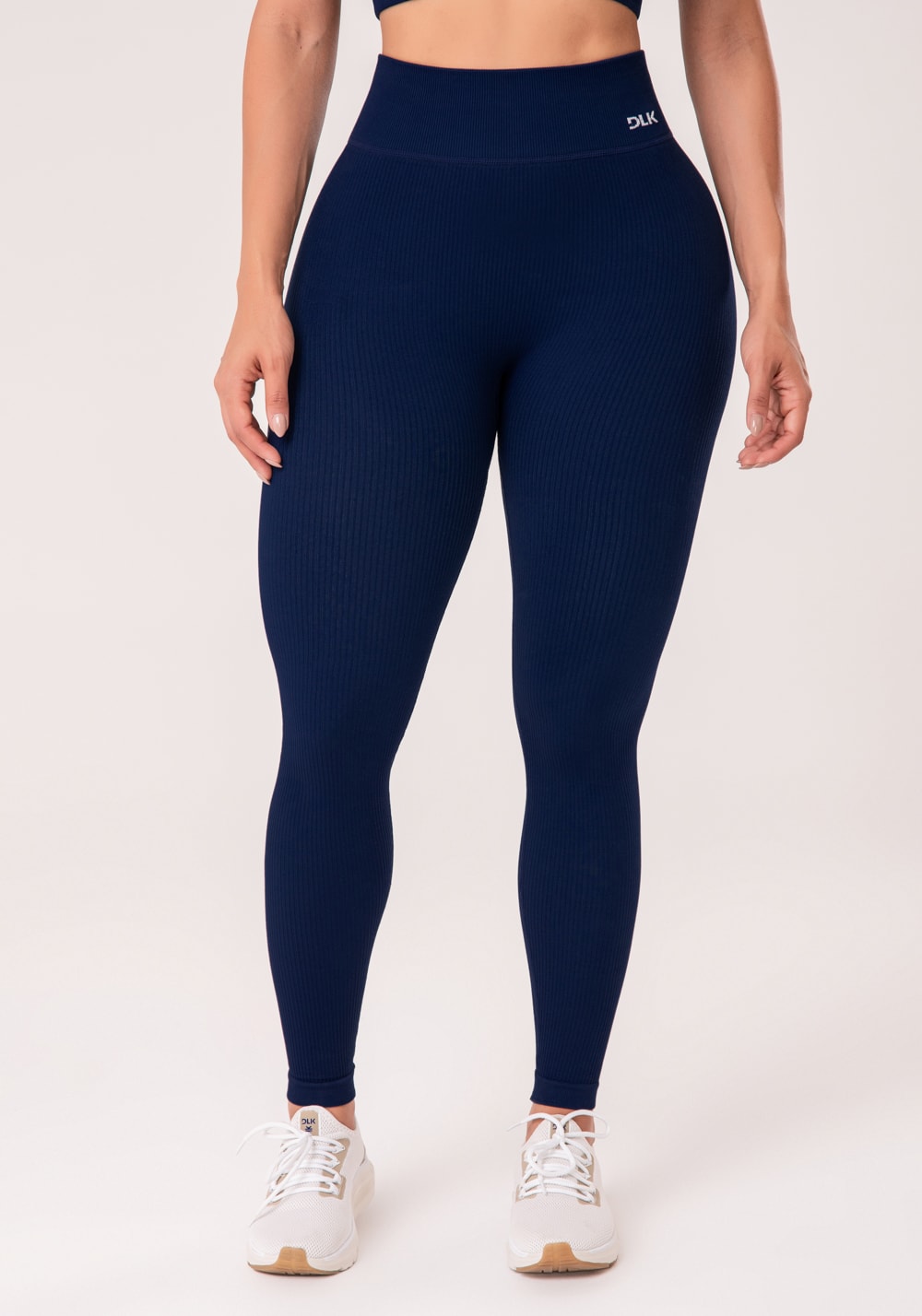 Legging fitness feminina azul marinho canelada com cós alto seamless+