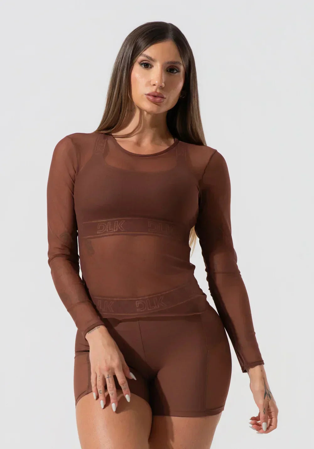 Blusa feminina de tule com manga longa activity dlk marrom