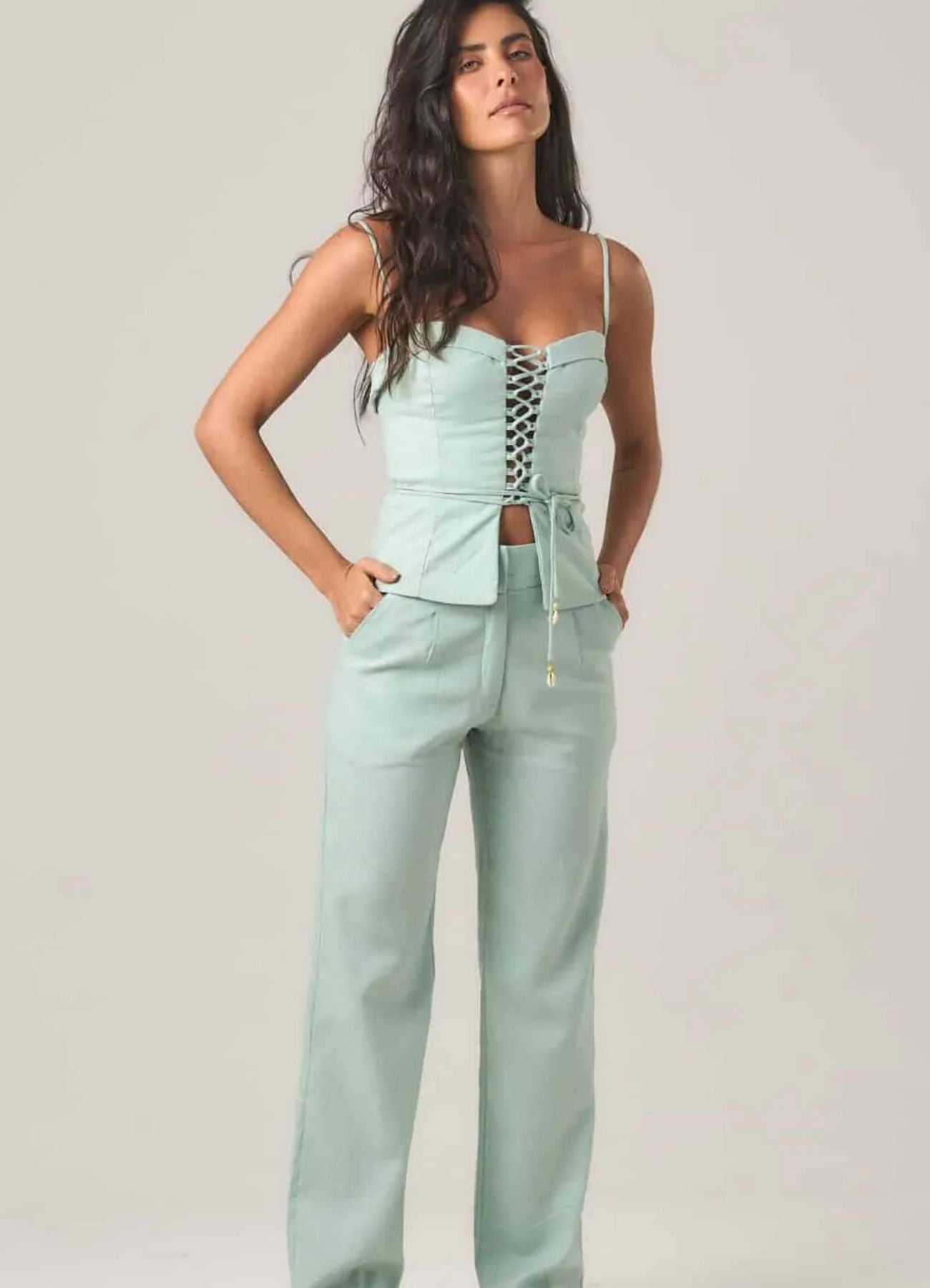 Calça de linho verde-menta Elisa