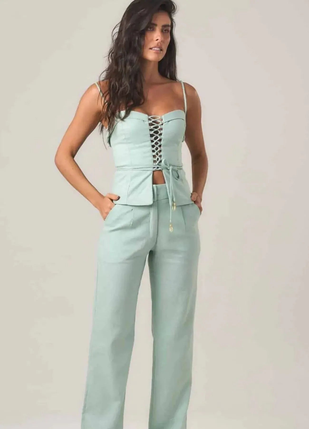 Calça de linho verde-menta Elisa