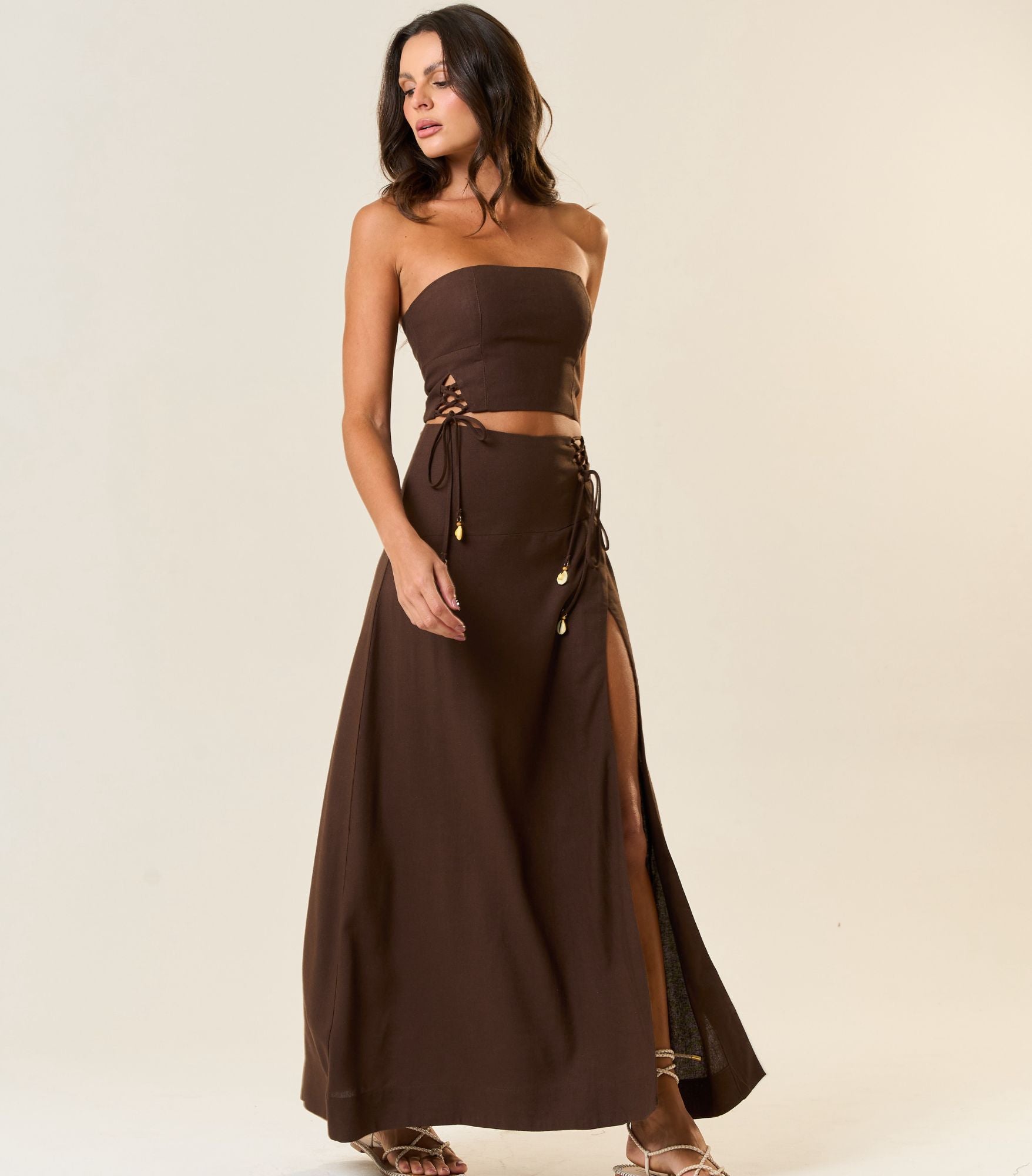 Top de linho marrom-café Zoe