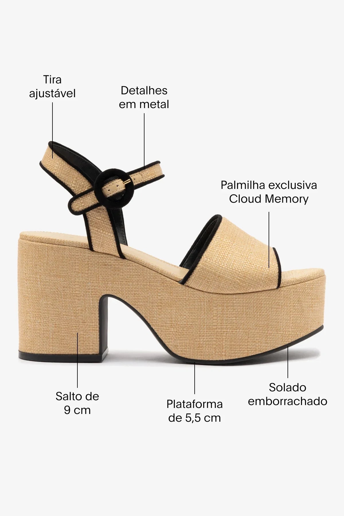 Sandália Plataforma Miso Ráfia Bege e Camurça Preto