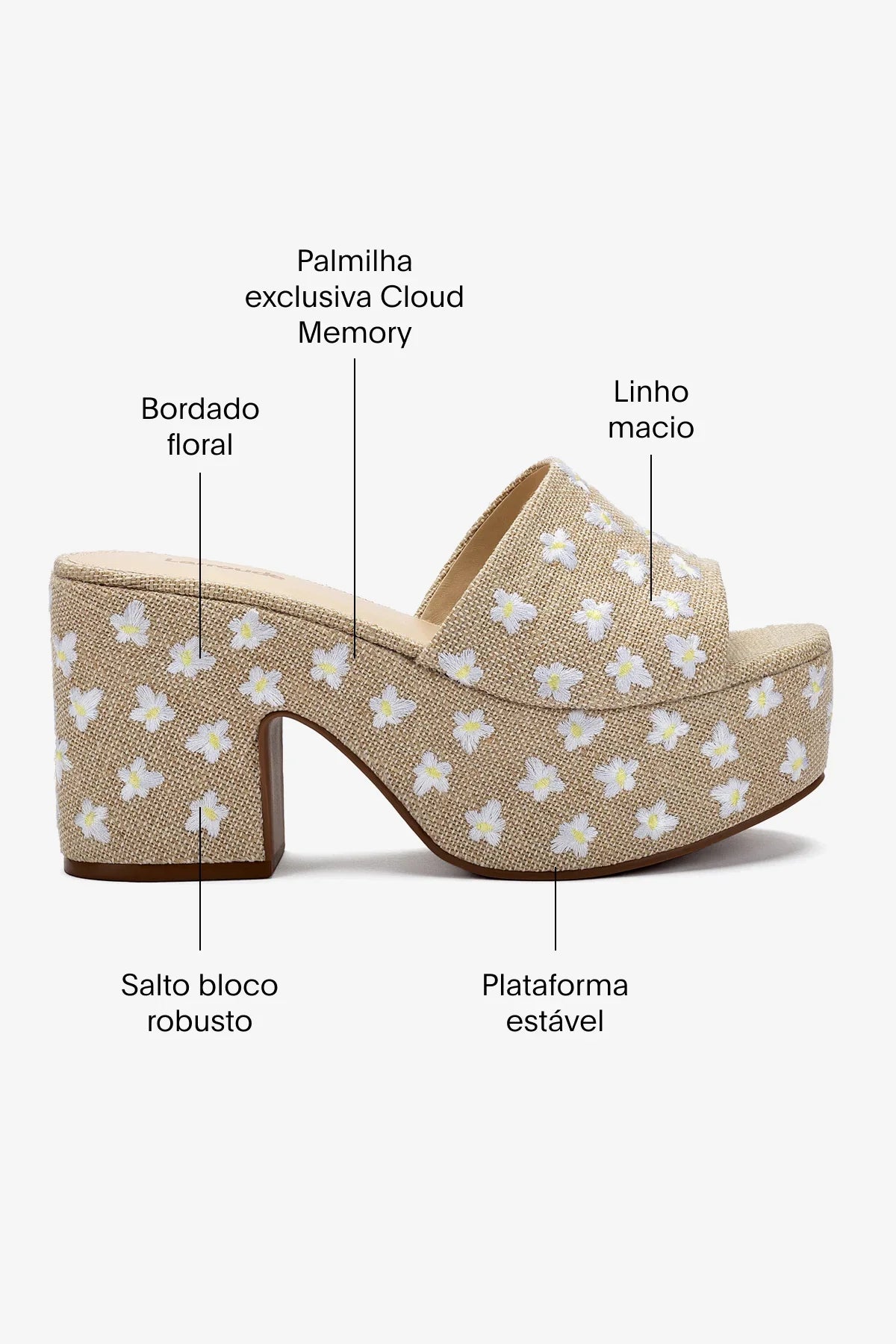Mule Plataforma Miso Linho Natural com Bordado Floral