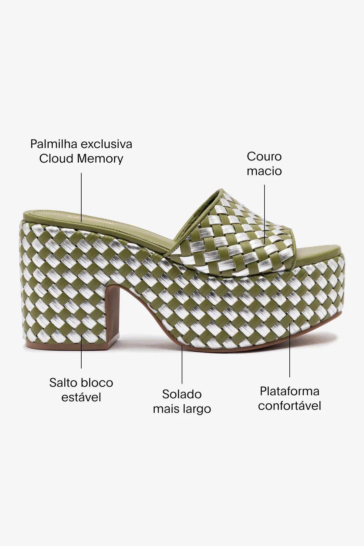 Mule Plataforma Miso Couro Verde e Couro Prateado