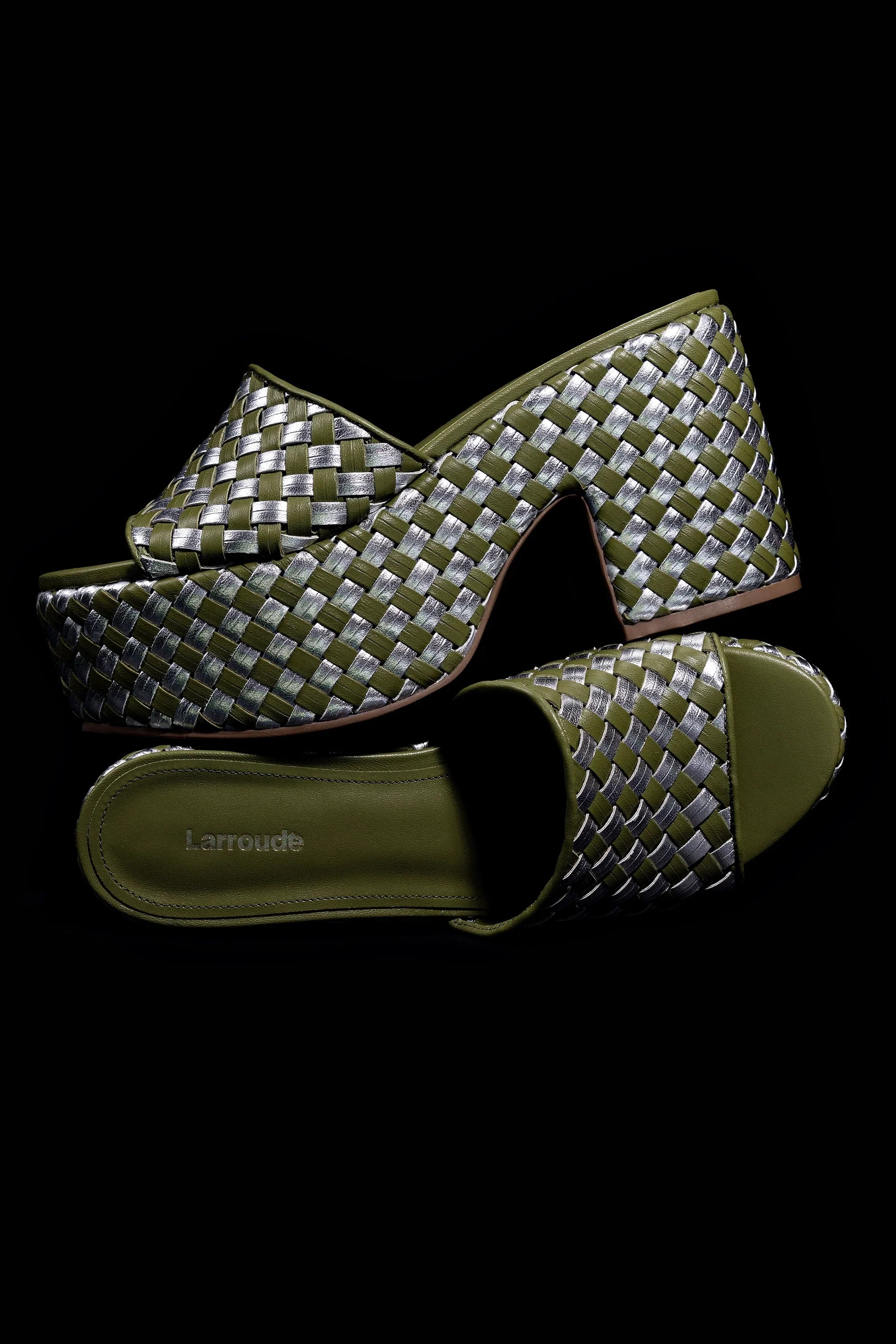 Mule Plataforma Miso Couro Verde e Couro Prateado